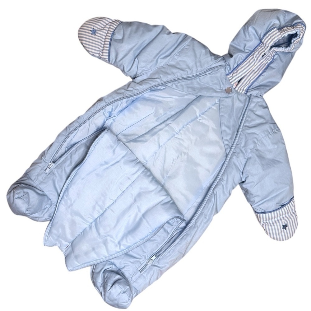 Vintage Quiltex Baby Boy Snowsuit Bunting – Blue Striped Bear Train – 3–6 Months - Picture 7 of 11